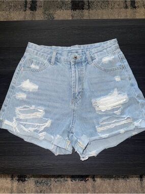 SHEIN Light Blue Distressed High-Rise Denim Shorts